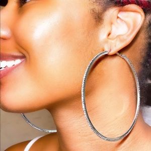 3.6 inch Crystal Skinny Hoop Earrings Silver